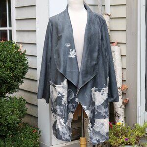 Chelsea & Theodore Plus Size Grey & Ivory Floral Faux Leather Open Midi Jacket
